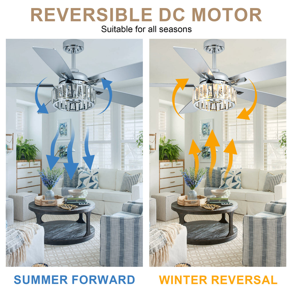 52 Inch Chrome Contemporary Glam Ceiling Fan with Lights and Remote Control, 6 Speeds Reversible Ceiling Fan with Crystals
