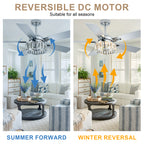52 Inch Chrome Contemporary Glam Ceiling Fan with Lights and Remote Control, 6 Speeds Reversible Ceiling Fan with Crystals