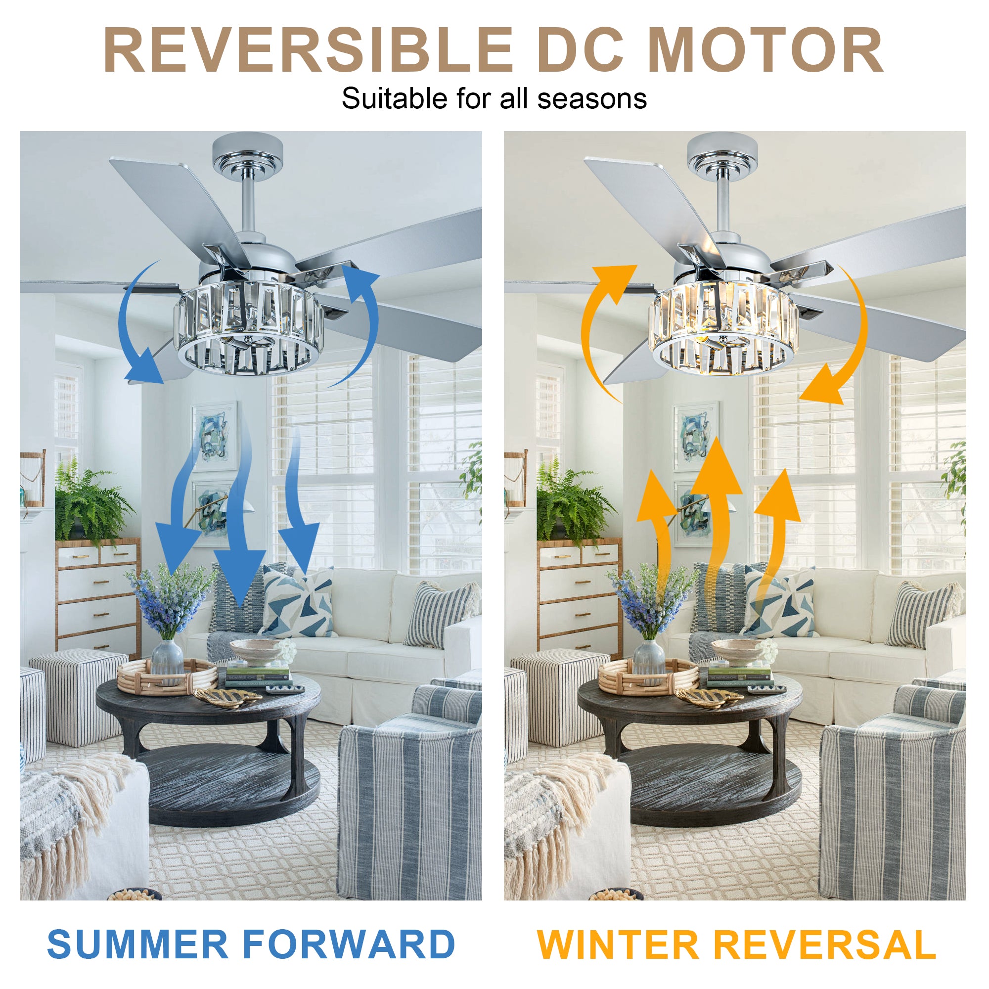 52 Inch Chrome Contemporary Glam Ceiling Fan with Lights and Remote Control, 6 Speeds Reversible Ceiling Fan with Crystals
