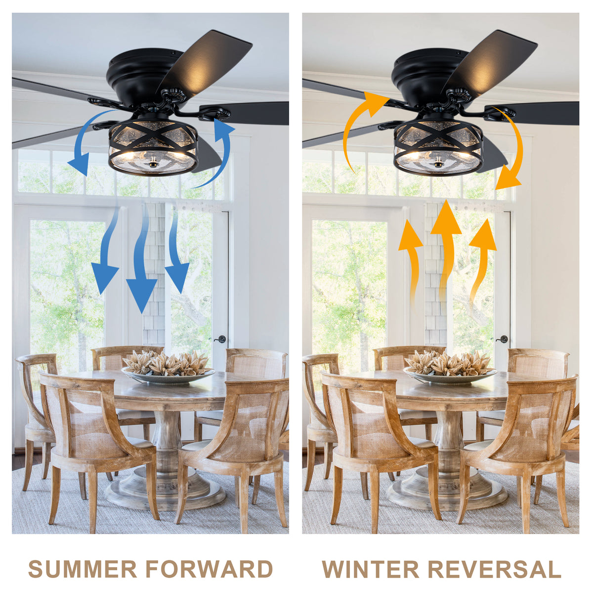 Farmhouse 52 Inch Caged  Flush Mount Ceiling Fan with Light Quiet Reversible DC Motor with 5 Fan Blades Ceiling Fan with Light Remote Control Adjustable 6 Speed Ceiling Fan with Light Suit for Bedrooms, Living Rooms, Kitchens