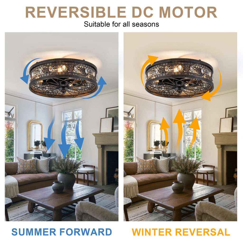 Retro 19 Inch Retractable Ceiling Fan with Light Reversible Quite DC Motor Ceiling Fan Remote APP Control Flush-Mount Fan with Light for Bedrooms, Living Rooms, Kitchens
