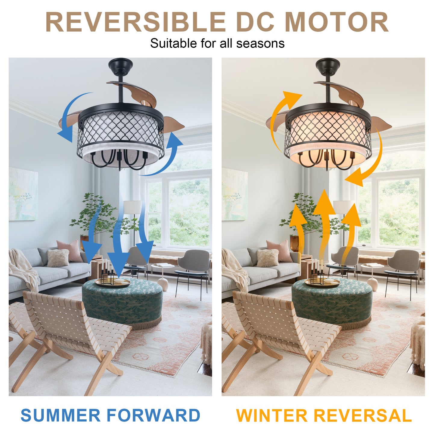 DC4271-B-BellaDepot 42" Vintage Chandelier Fan with Fabric and Metal Decor, Caged Ceiling Fan with Remote Control and Lights