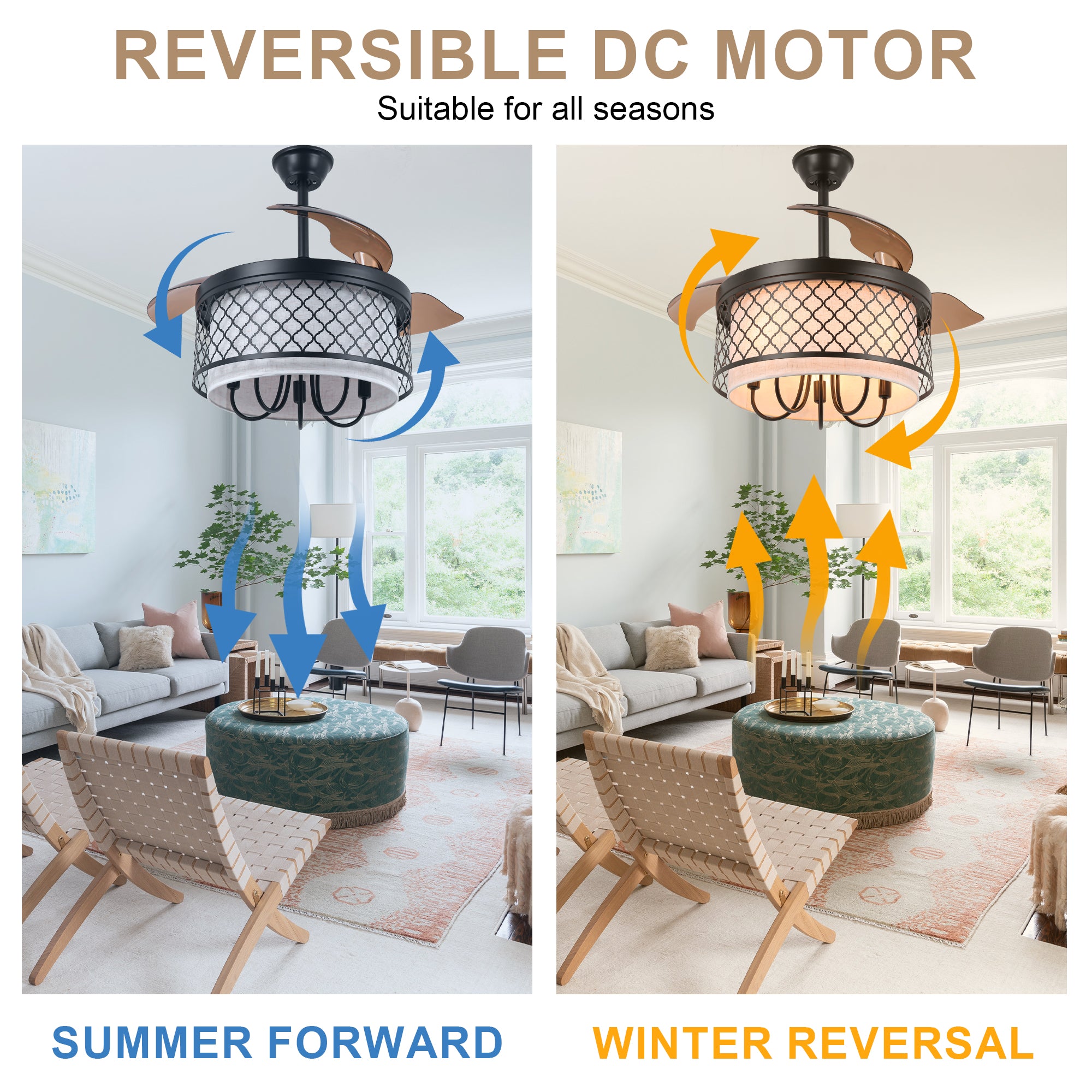 42 Inch Farmhouse Retractable Ceiling Fan with Lights and Remote Control, 6 Speeds DC Motor Bladeless Ceiling Fan for Bedroom