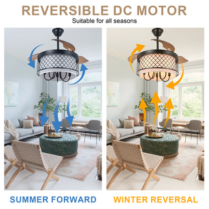 DC4271-B-BellaDepot 42" Vintage Chandelier Fan with Fabric and Metal Decor, Caged Ceiling Fan with Remote Control and Lights