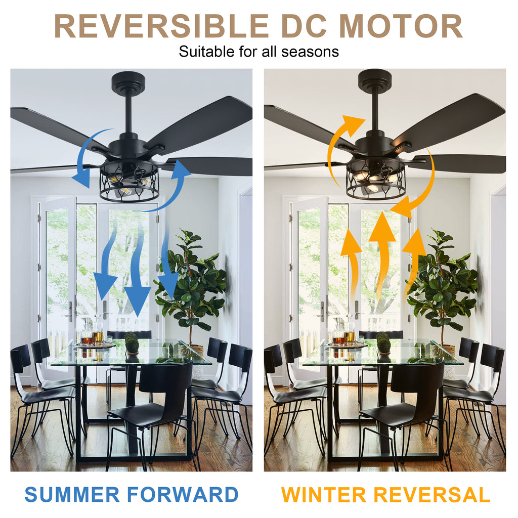52 Inch Black Modern Ceiling Fan with Lights and Remote Control, 6 Speeds DC Motor Reversible Ceiling Fan for Living Room