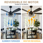 52 Inch Black Modern Ceiling Fan with Lights and Remote Control, 6 Speeds DC Motor Reversible Ceiling Fan for Living Room
