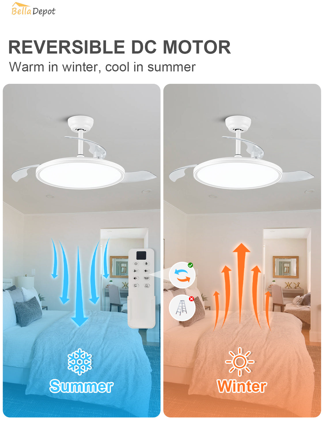 Modern 42 Inch Retractable Ceiling Fan with Light Dimmable LED Light and Quiet DC Motor Ceiling Fan Smart Control Ceiling Fan with Light Suit for Living Room, Bedroom and Kitchen