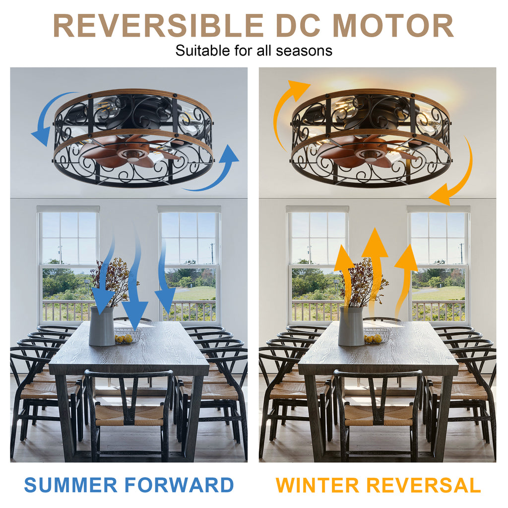 18 Inch Rustic Farmhouse Industrial Flush Mount Ceiling Fan with Lights and Remote, 6 Speeds DC Motor Reversible Low Profile Ceiling Fan