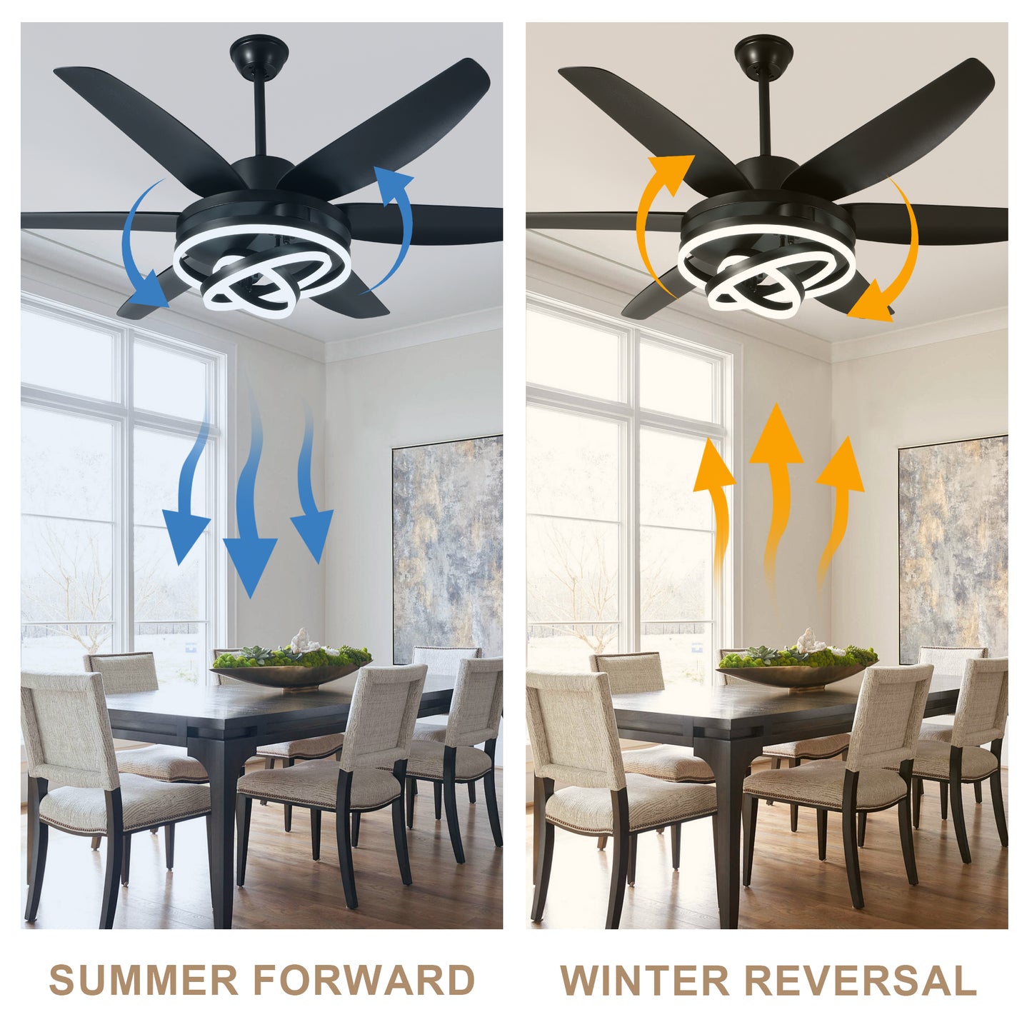 GED5614-BellaDepot 56" Modern Contemporary Black LED Ceiling Fan, 6 Speeds Ceiling Fan with Light Remote Control for All Seasons