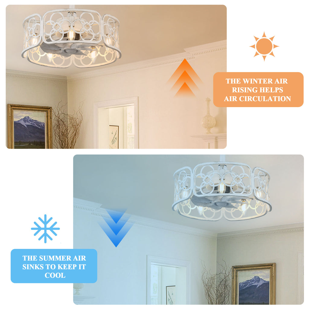 18 Inch Farmhouse Distressed White Caged Ceiling Fan with Lights and Remote, 8-Blade Reversible Bladeless Fandelier Ceiling Fan