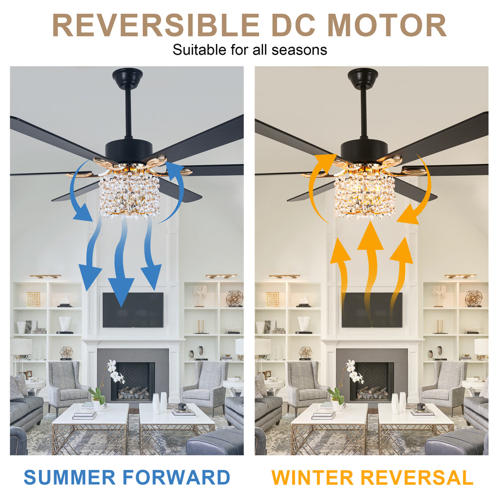 65 Inch Modern Glam Crystal Ceiling Fan with Lights and Remote Control,6 Speeds DC Motor  Black/Chrome Large Ceiling Fan with Crystals
