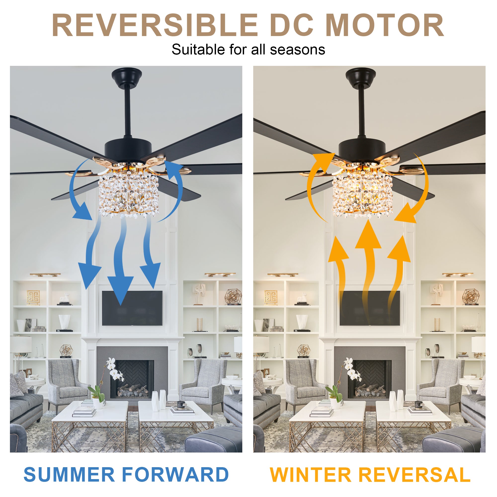 65 Inch Modern Glam Crystal Ceiling Fan with Lights and Remote Control,6 Speeds DC Motor  Black/Chrome Large Ceiling Fan with Crystals