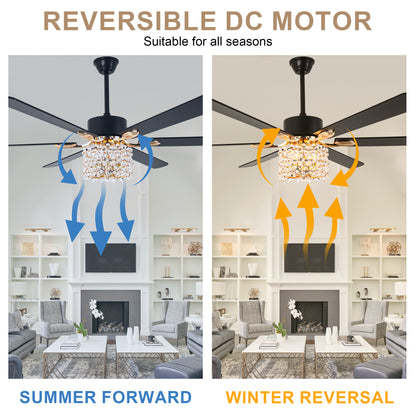 BellaDepot 65" Luxury Crystal Shape Flower Caged Ceiling Fan with Remote Control and 3 Lights, Black or Silver Silent Straight Leaf Fan for All Seasons - DC6510-B/C