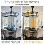 20 Inch Modern Glam Crystal Drum Cage Ceiling Fan with Light and Remote, 6-Speed Reversible DC Motor Bladeless Ceiling Fan with Crystals