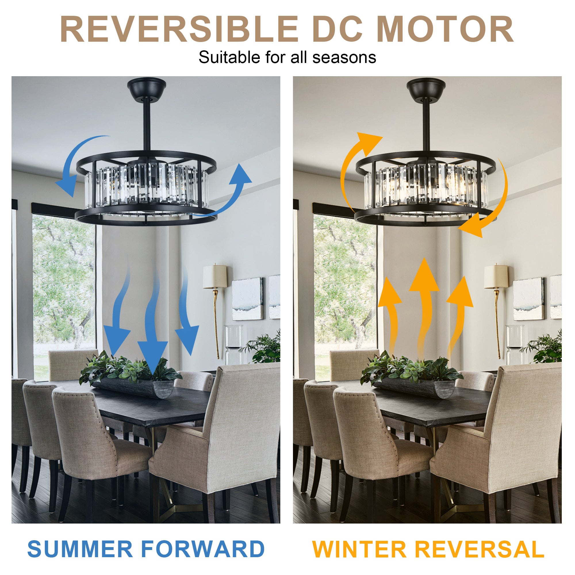 20 Inch Modern Glam Crystal Drum Cage Ceiling Fan with Light and Remote, 6-Speed Reversible DC Motor Bladeless Ceiling Fan with Crystals
