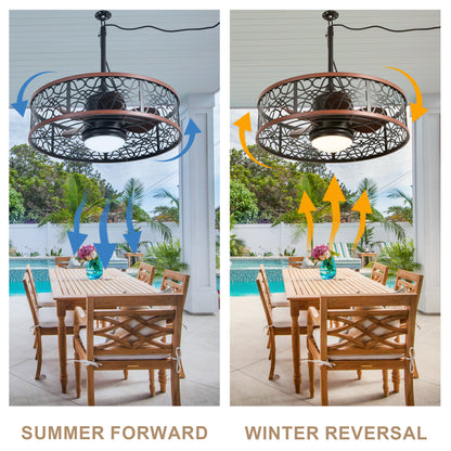 HW2310-GED-BellaDepot 24" Outdoor Iron Carving Caged Ceiling Fan with Remote Control, DC Motor 6 Speeds Fan with LED Lights