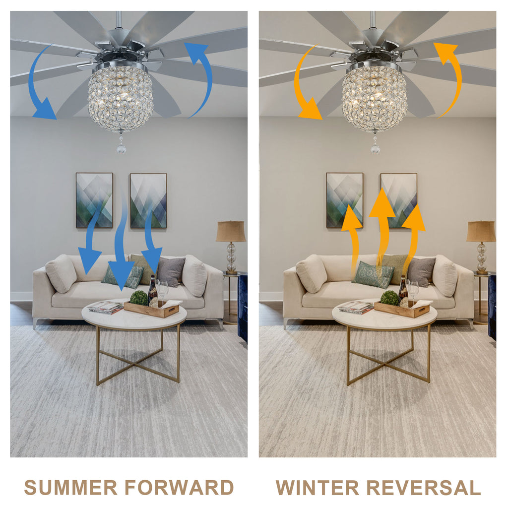DC6504-BellaDepot 65" 8 Wooden Blades Silver Finish Crystal Reversible Ceiling Fan with Remote and 3 Lights, Large Size 6-speed Ceiling Fan