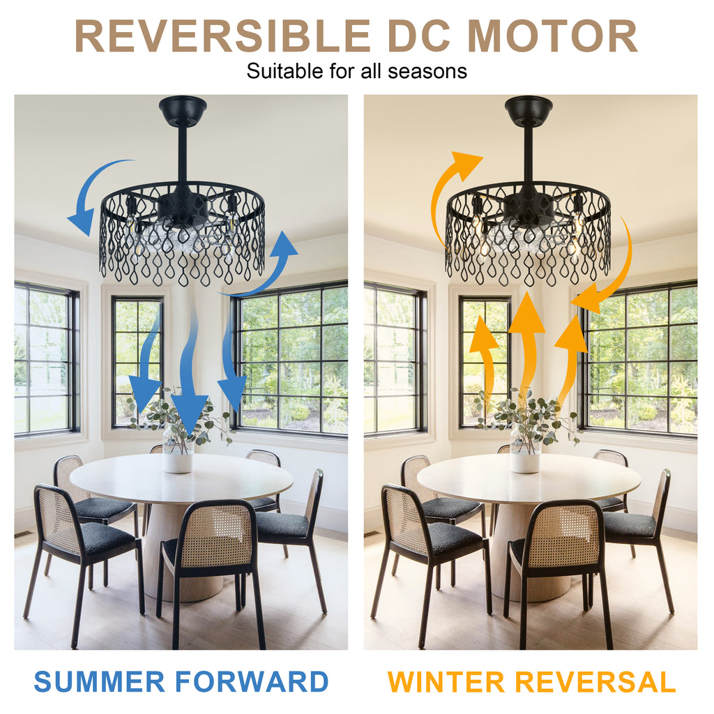 19 Inch Modern Black Drum Caged Ceiling Fan with Lights and Remote, 6 Speeds DC Motor Reversible Bladeless Fandelier Ceiling Fan