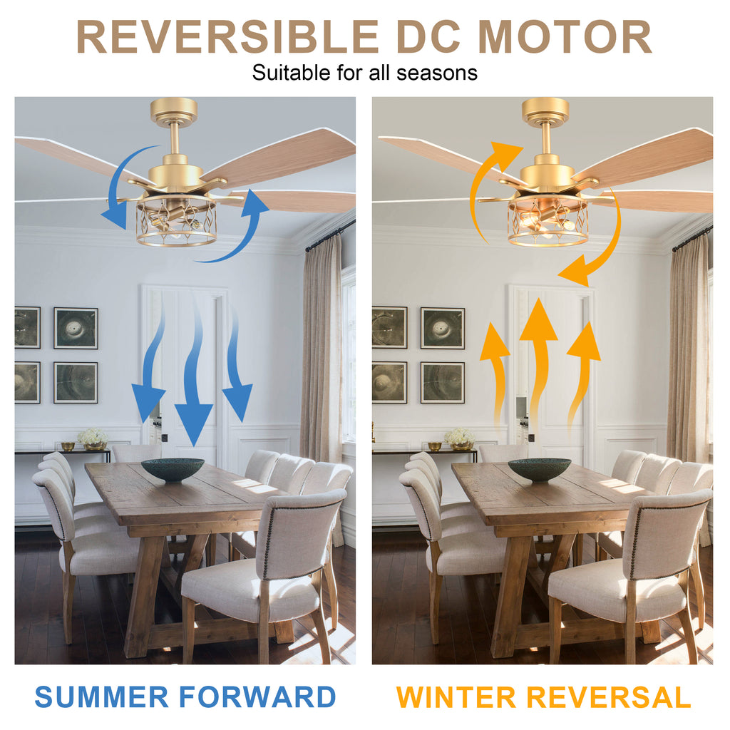 52 Inch Golden Modern Ceiling Fan with Lights and Remote Control, 6 Speeds DC Motor Reversible Ceiling Fan for Living Room