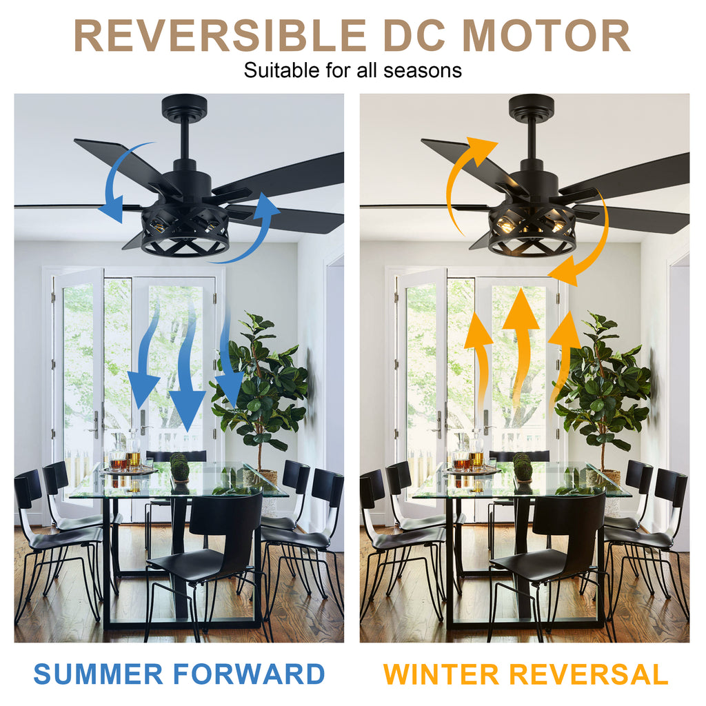 52 Inch Industrial Wood Grain Caged Ceiling Fan with Remote and Reversible Blades, 6-Speed Ceiling Fan with Lights
