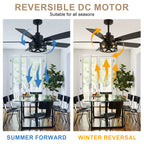 52 Inch Industrial Wood Grain Caged Ceiling Fan with Remote and Reversible Blades, 6-Speed Ceiling Fan with Lights