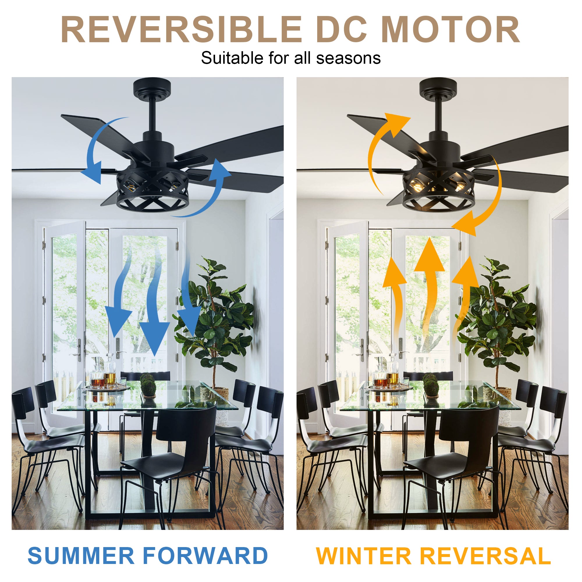 52 Inch Industrial Wood Grain Caged Ceiling Fan with Remote and Reversible Blades, 6-Speed Ceiling Fan with Lights