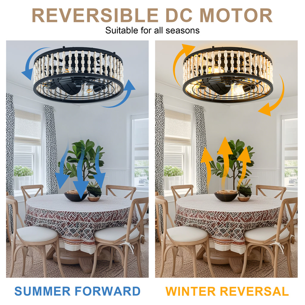 19 Inch Black Farmhouse Flush Mount Ceiling Fan with Lights and Remote Control, 6 Speeds DC Motor Bladeless Ceiling Fan for Bedroom