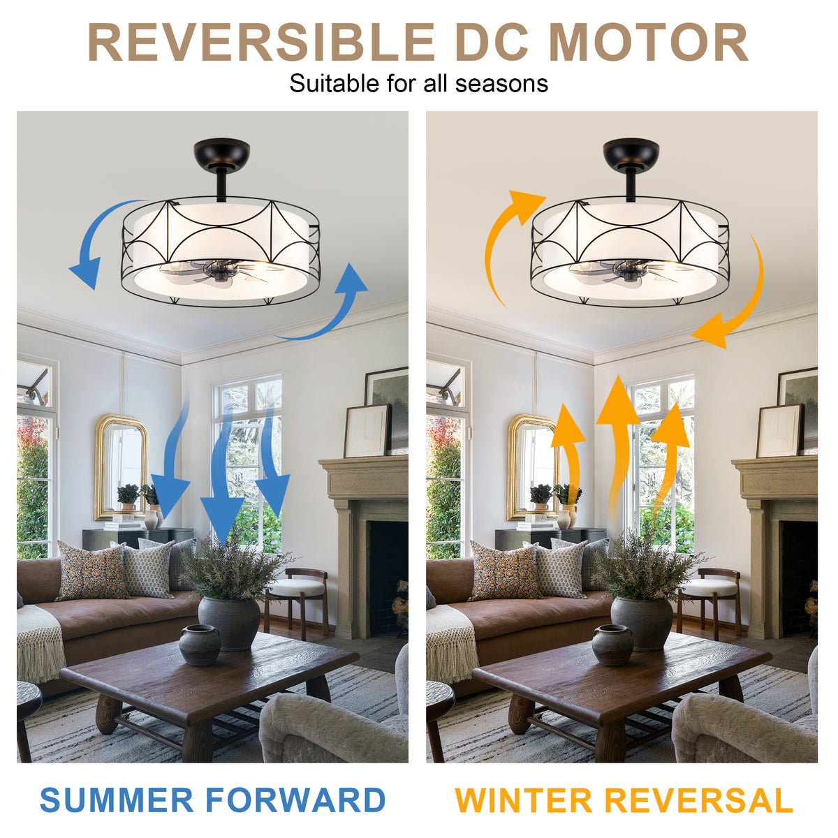 Bohemia Style 20 Inch Caged Retractable Ceiling Fan with Light Quiet Reversible DC Motor 6 Speed Timer Remote Control Ceiling Fan Adjustable Down Rods Ceiling Fan Suit for Kitchen, Bedroom,Living Room