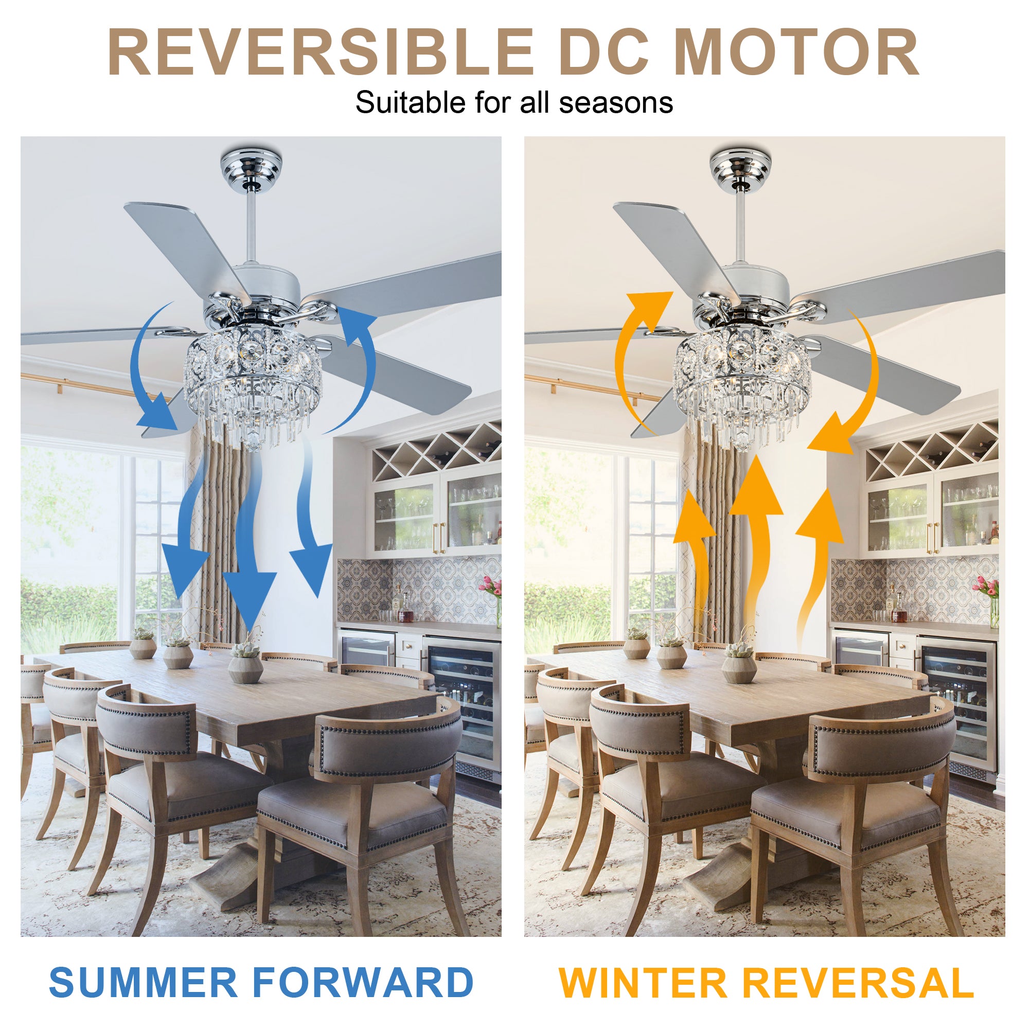 BD2064-BellaDepot 52" Silver Finish Deluxe Crystal Reversible Ceiling Fan with 3 Lights and Remote