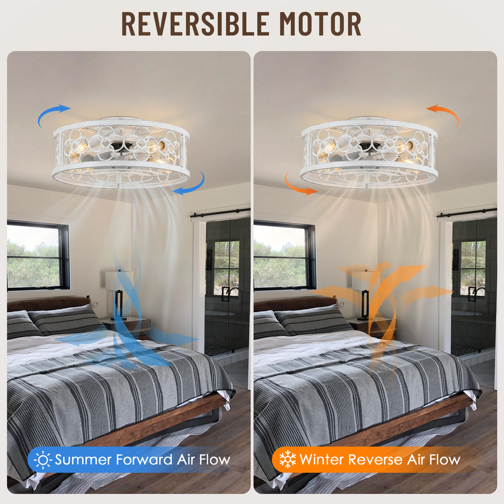 20 Inch Farmhouse Distressed White Flush Mount Caged Ceiling Fan with Lights and Remote, 3 Speeds Reversible Bladeless Fandelier Ceiling Fan