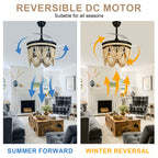 42 Inch Black/Gold/White Boho Retractable Ceiling Fan with Lights and Remote, 6 Speeds DC Motor Bladeless Ceiling Fan with Wood Beaded Shade