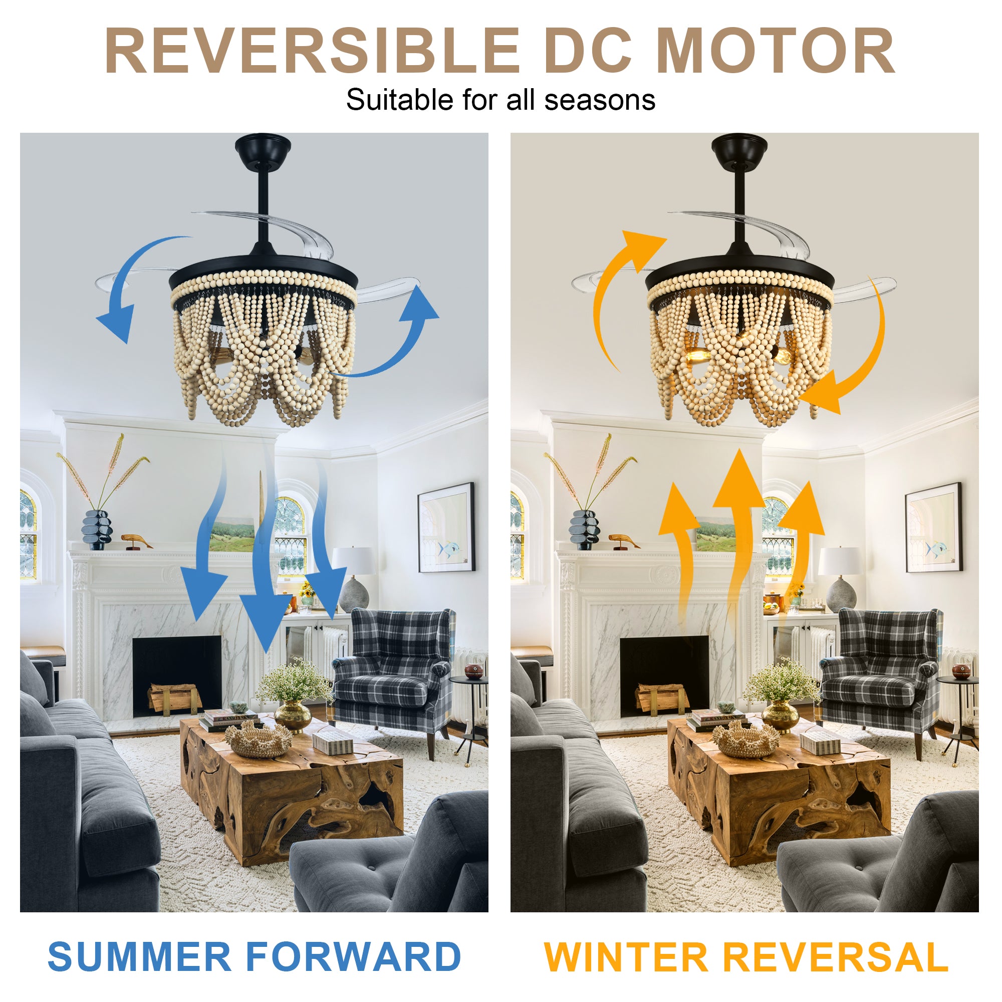 42 Inch Black/Gold/White Boho Retractable Ceiling Fan with Lights and Remote, 6 Speeds DC Motor Bladeless Ceiling Fan with Wood Beaded Shade