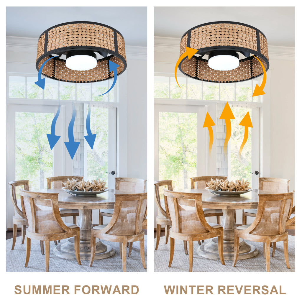 Bohemian 20 Inch Flush Mount Ceiling Fan with Light Caged Bamboo and Paper Rope Woven Shade Ceiling Fan with Ligth Dimmable LED and Reversible DC Motor Ceiling Fan Suit for Bedroom, Kitchen