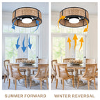 Bohemian 20 Inch Flush Mount Ceiling Fan with Light Caged Bamboo and Paper Rope Woven Shade Ceiling Fan with Ligth Dimmable LED and Reversible DC Motor Ceiling Fan Suit for Bedroom, Kitchen