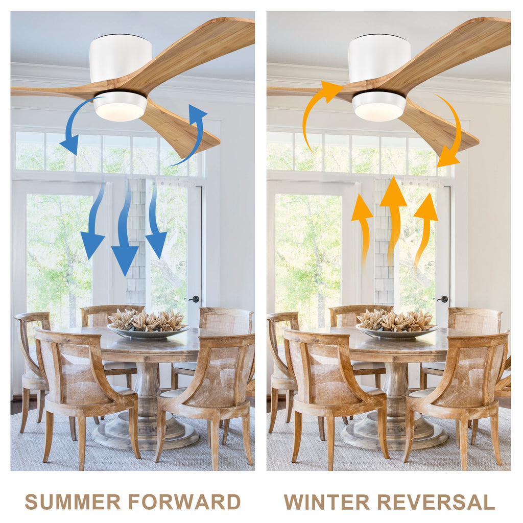 52 Inch Farmhouse Matte White Natural Wood Flush Mount Ceiling Fan with Lights & Remote Control, 6 Speed DC Motor Reversible Ceiling Fan