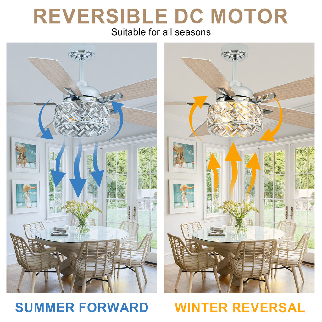 52 Inch Chrome Modern Luxury Crystal Ceiling Fan with Lights and Remote Control, 6 Speeds DC Motor Ceiling Fan