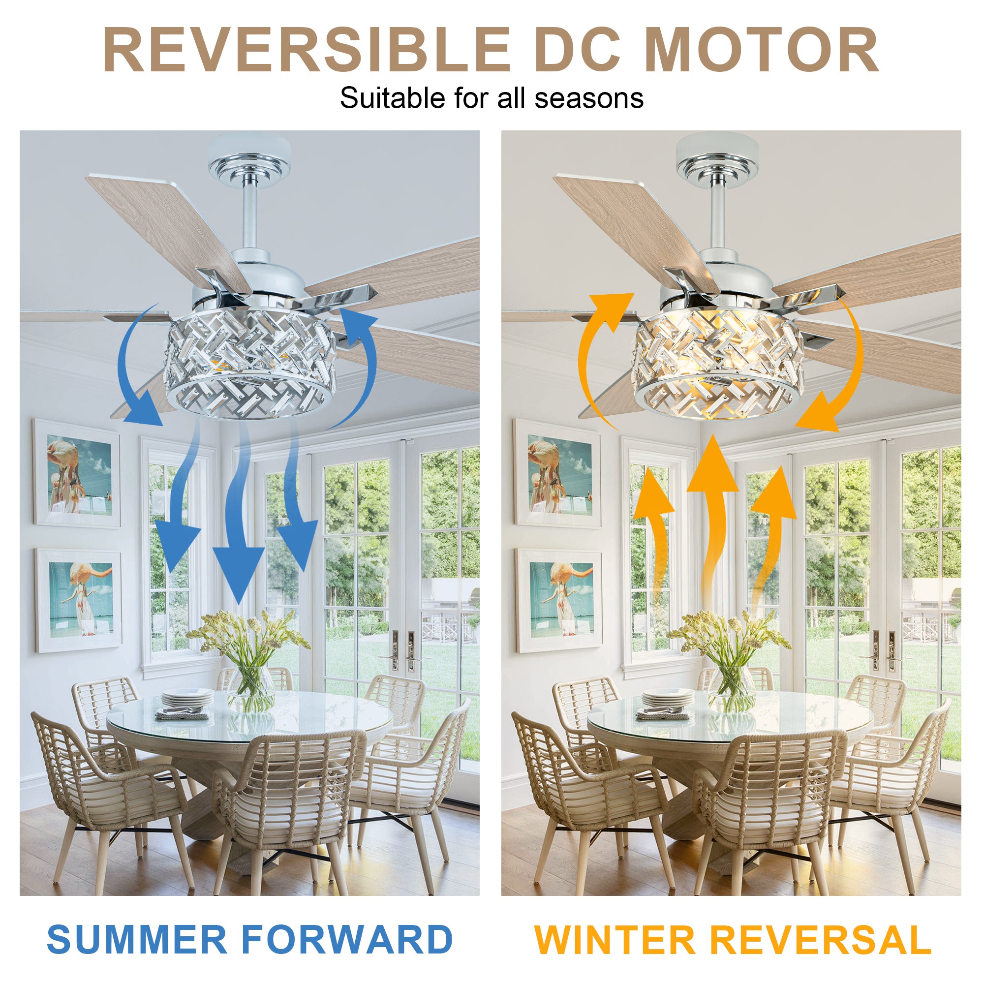 52 Inch Chrome Modern Luxury Crystal Ceiling Fan with Lights and Remote Control, 6 Speeds DC Motor Ceiling Fan