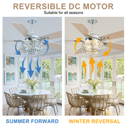 BellaDepot 52" Luxury Crystal Caged Chrome Ceiling Fan with Remote Control, 6 Speeds Ceiling Fan with Lights for Living Room- DC5228-MD