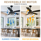 52 Inch Black Farmhouse Ceiling Fan with Lights and Remote Control, 6 Speeds DC Motor Reversible Caged Ceiling Fan