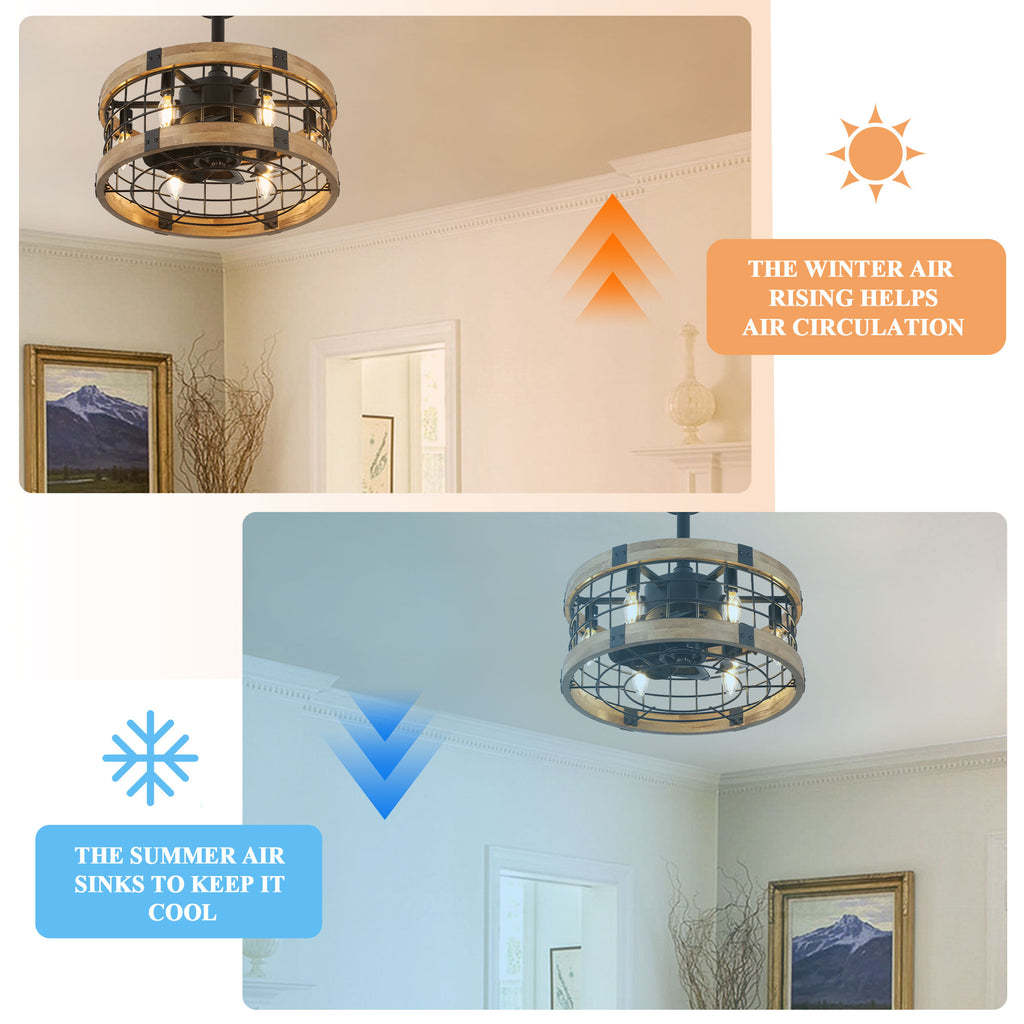 BD1812-BellaDepot 17.7" Cottage Metal Caged Reversible Ceiling Fan with Remote and 6 Lights, Wooden Ceiling Fan