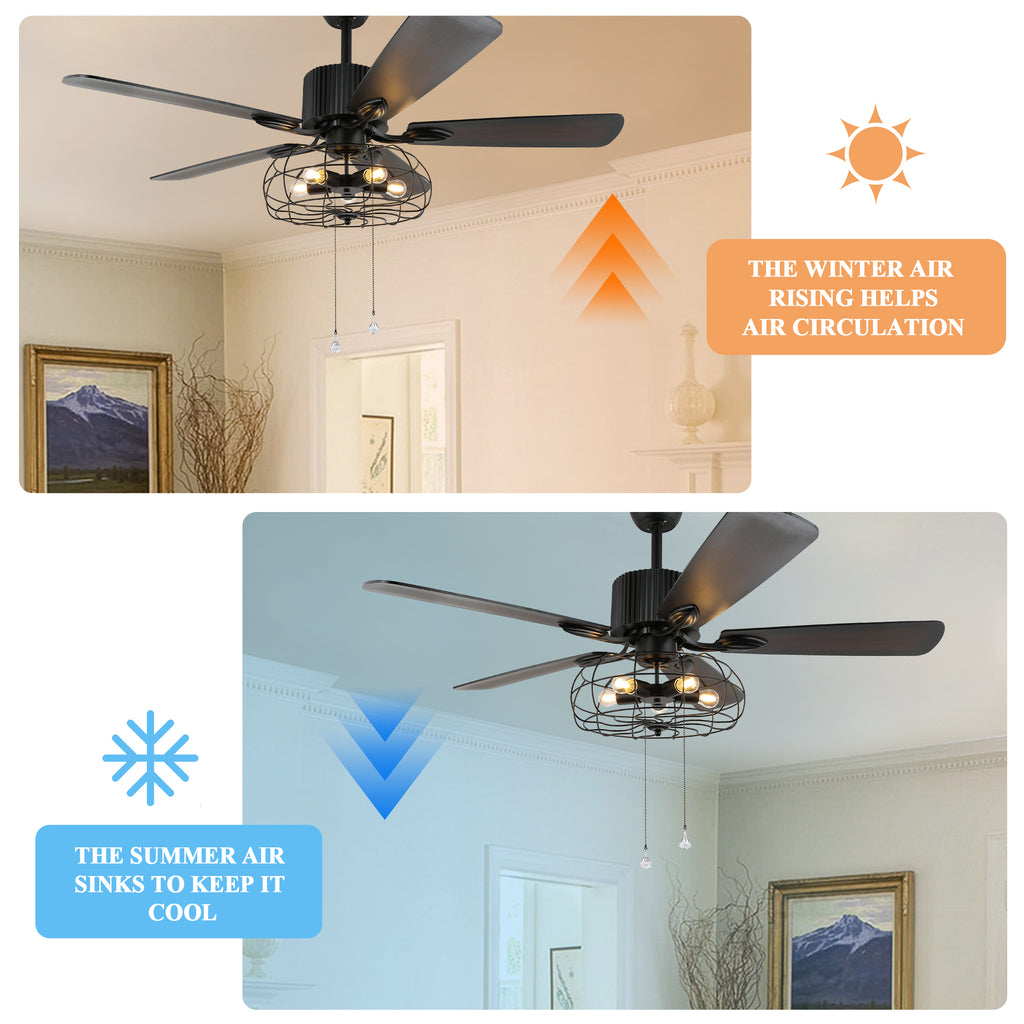 52 Inch Black Industrial Caged Ceiling Fan with Lights and Remote, 3-Speed Reversible Ceiling Fan for Large Room
