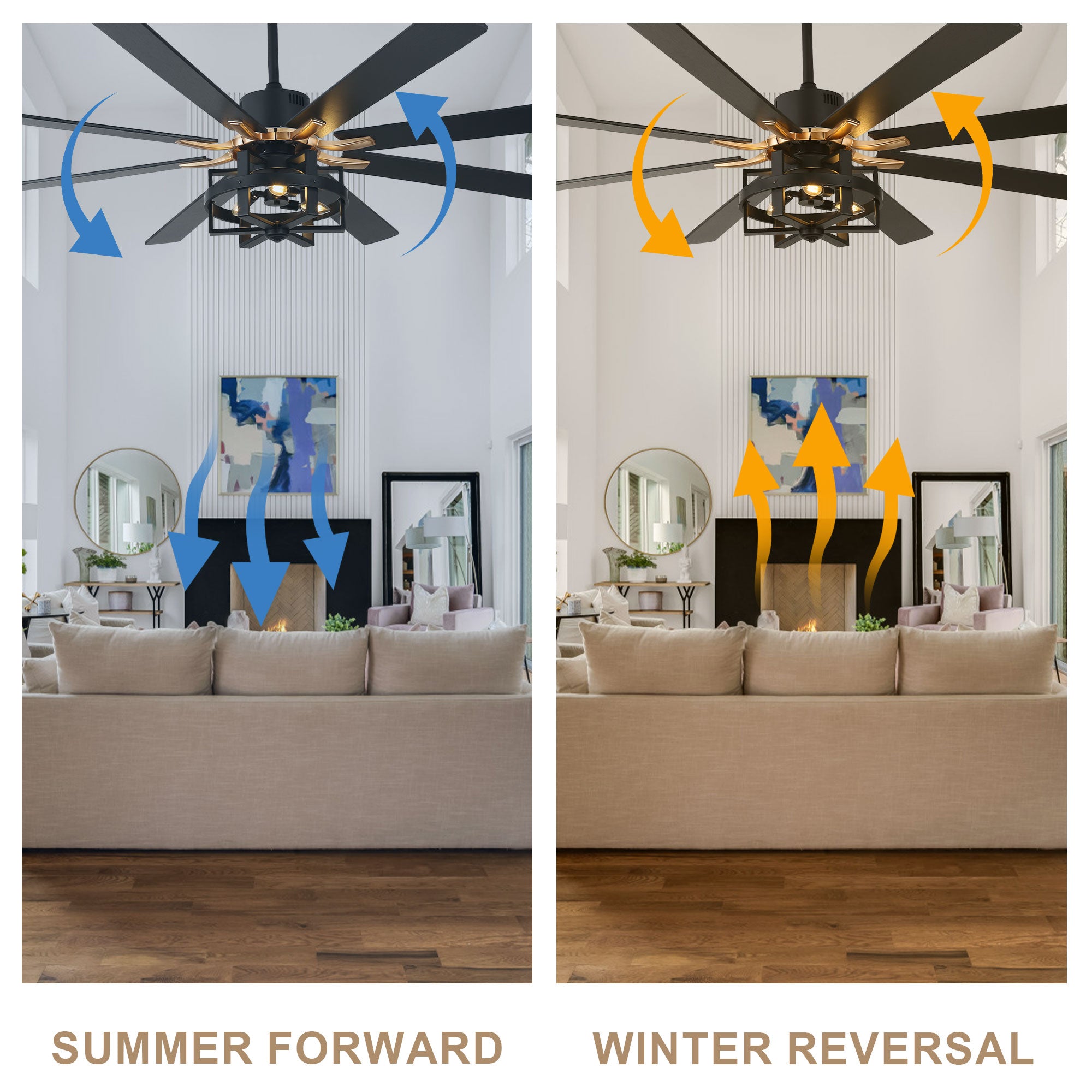 DC6501-BellaDepot 65" 8 Wooden Blades Black/Silver Finish Industrial Caged Reversible Ceiling Fan with Remote and 3 Lights, Large Size 6-speed Ceiling Fan