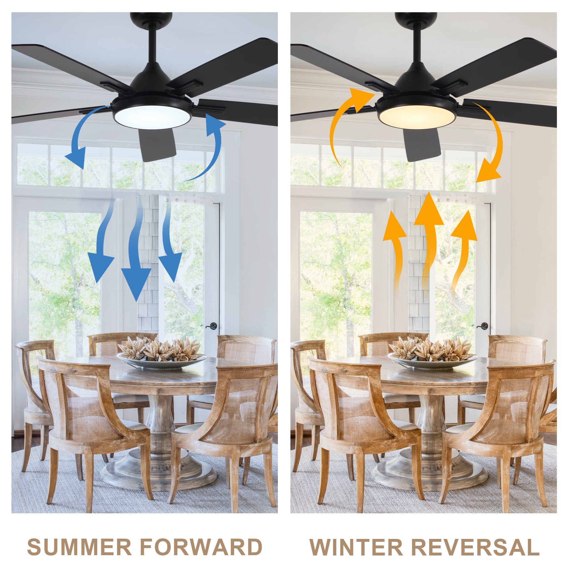 52 Inch Black Modern Ceiling Fan with LED Light, 6-Speed Reversible DC Motor, 5 Dual-Finish Wood Blades, Remote Control, Adjustable Height