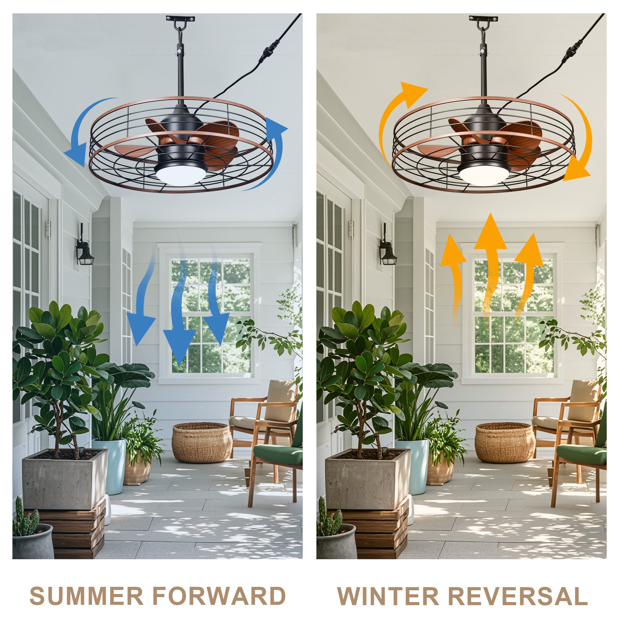 23.6 Inch Black Outdoor Dimmable Ceiling Fan with LED Light and Remote, Farmhouse Reversible 6 Speeds Quiet DC Motor Caged Ceiling Fan for Patio