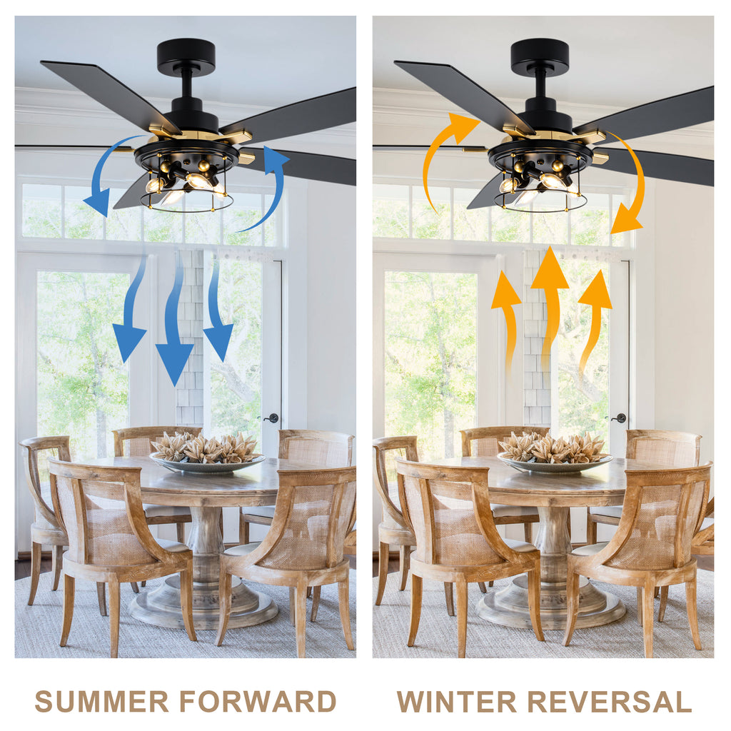 Industrial 52 Inch Gold/Black Caged Ceiling Fan with Light Quiet Reversible DC Motor with 6 Speed Remote Control Ceiling Fan 5 Blades Ceiling Fan Suit for Kitchen Bedroom Living Room