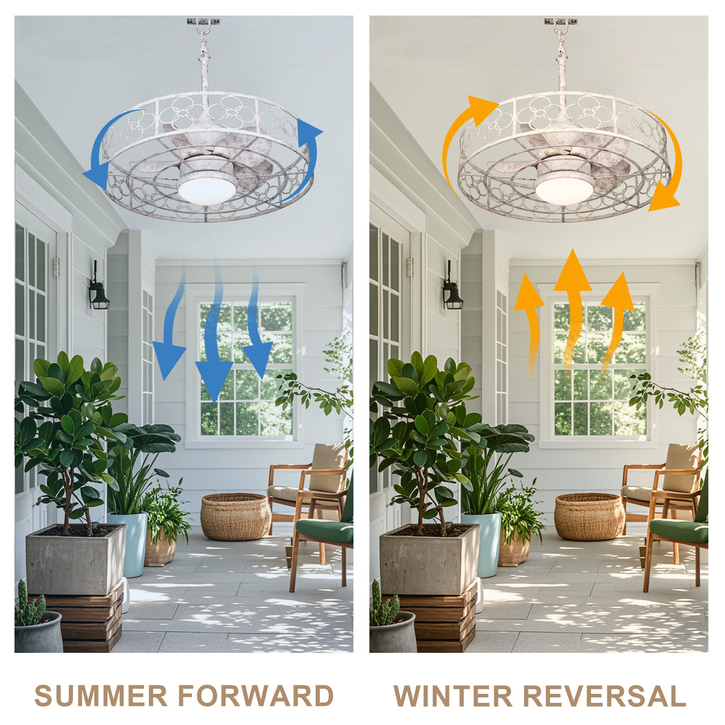 24 Inch Distressed White Outdoor Caged Ceiling Fan with LED Lights and Remote, 6 Speeds DC Motor Farmhouse Fandelier  Waterproof Ceiling Fan