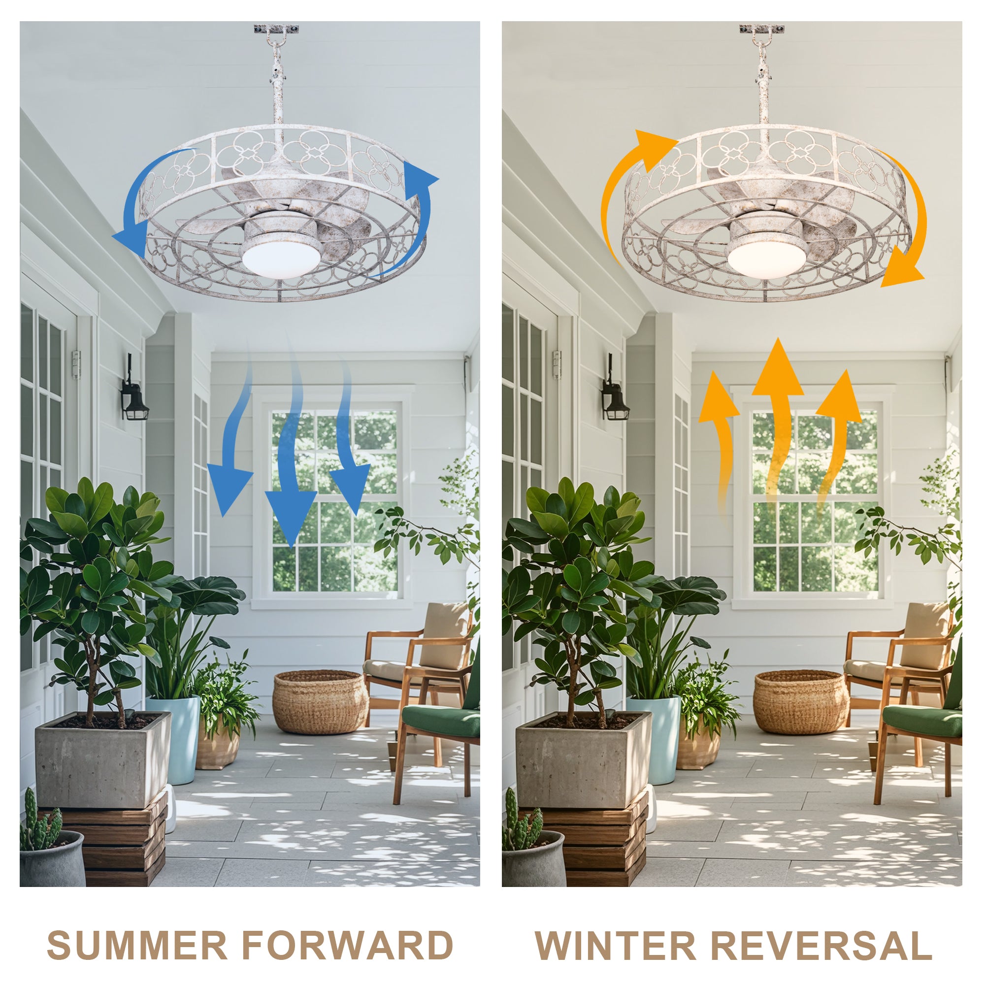 24 Inch Distressed White Outdoor Caged Ceiling Fan with LED Lights and Remote, 6 Speeds DC Motor Farmhouse Fandelier  Waterproof Ceiling Fan
