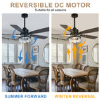 52 Inch Modern Glam Crystal Ceiling Fan with Light and Remote, 6-Speed Reversible DC Motor Large Ceiling Fan for Living Room