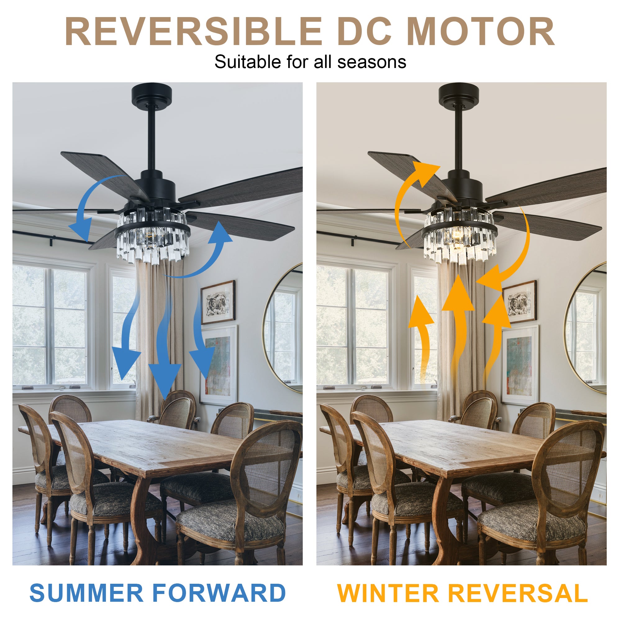 52 Inch Modern Glam Crystal Ceiling Fan with Light and Remote, 6-Speed Reversible DC Motor Large Ceiling Fan for Living Room