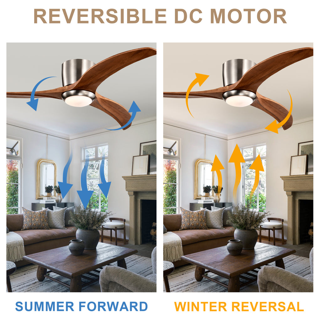 Farmhouse 52 Inch Flush Mount Ceiling Fan with LED Light Quiet DC Motor Ceiling Fan with Light 6-Speed Remote Control Ceiling Fan with Light Suit for Bedrooms, Living Rooms, Kitchens